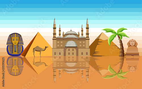 Egypt background with Great Sphinx and pyramids.