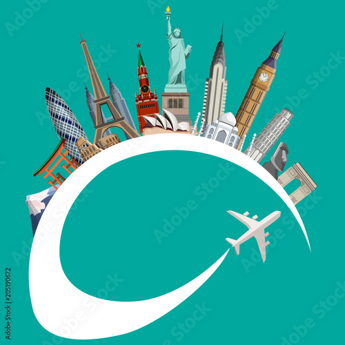 Travelling background with worldwide sights and plane.
