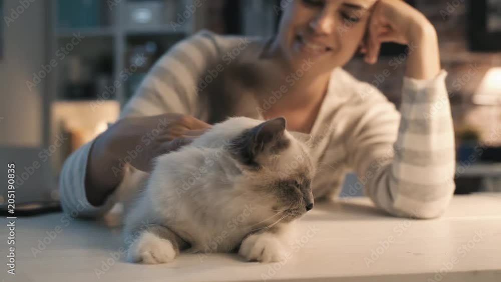 Smiling woman caressing her cat at home Smiling woman caressing her cat at home