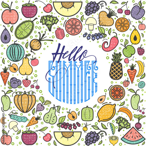 Fruits and vegetables Hello Summer, vegetarian banner, summer isolated color vector icons.
