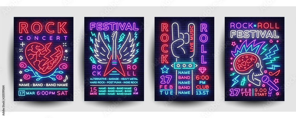 Plakat Muzyka kolekcja plakat koncert muzyki rockowej. Szablon projektu Rock Music Festival Flyers set, Neon Style, Neon Banner, Light Flyer, Zaproszenie na koncert, Rock Roll Music, Night Party Invitation. Wektor