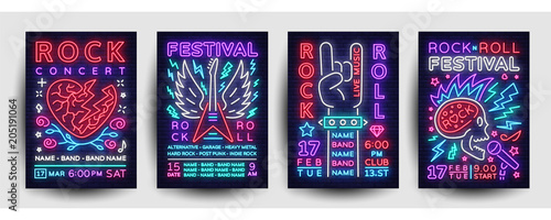 Rock music concert poster collection vector. Design Template Rock Music Festival Flyers set, Neon Style, Neon Banner, Light Flyer, Concert Invitation, Rock Roll Music, Night Party Invitation. Vector