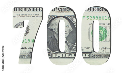 700 Number. American dollar banknotes. Money texture. Isolated on white background