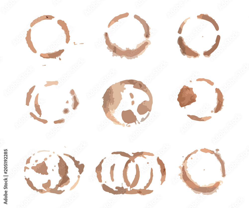 Round stains from coffee. Traces of an espresso Cup. Vector illustration of dirty. Set of brown spots and drops. Round stains from coffee. Traces of an espresso Cup. Vector illustration of dirty. Set of brown spots and drops.