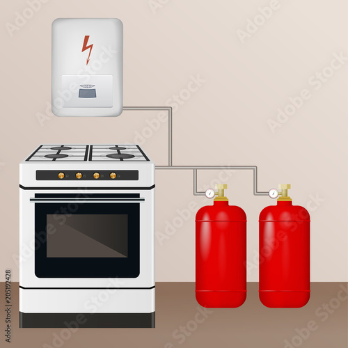Gas stove and boiler with cylinder. The barrel is filled with butane and propane. Household equipment vector illustration.