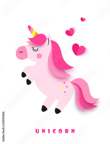 Banner with Sweet unicorn and hearts on white background. Paper Art. Vector illustration