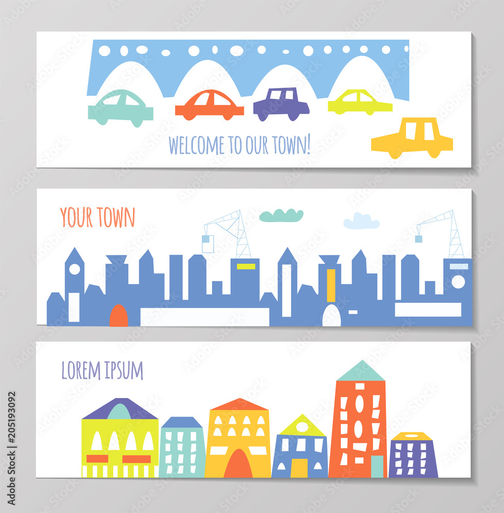 Banner with cute city and town elements, funny design. Vector graphic illustration