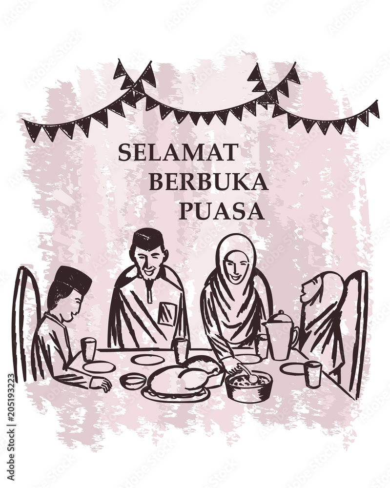 Hand Drawn Selamat Berbuka Puasa Happy Familly Stock Vector Adobe Stock