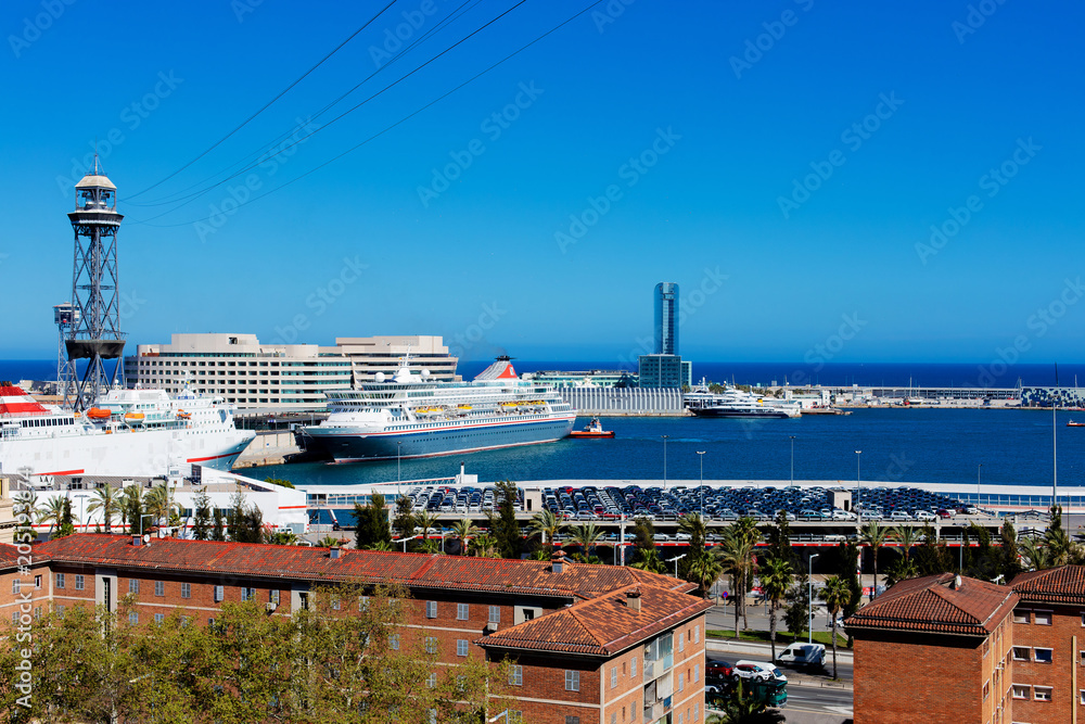 Aerial panoramic view over Industrial Port marina from Montjuic  hill  in Barcelona, Spain. .