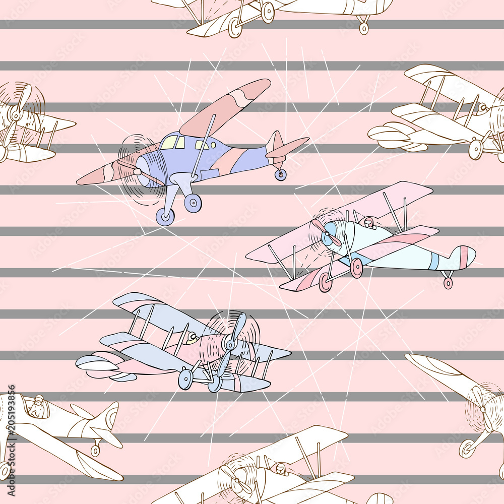Seamless pattern with clouds and airplanes