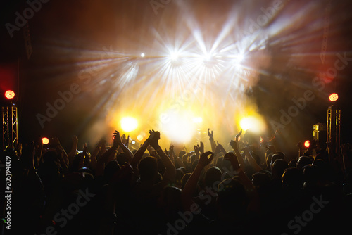 Silhouettes of people in a bright in the pop rock concert in front of the stage. Hands with gesture Horns. That rocks. Party in a club