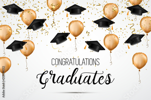 Graduation class of 2018. Congratulations graduates. Academic hats, confetti and balloons. Celebration. .
