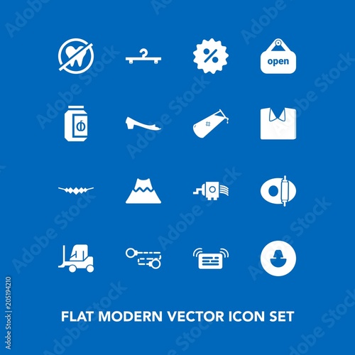 Modern, simple vector icon set on blue background with healthy, footwear, business, mountain, truck, health, kitchen, message, cloakroom, dentist, store, sale, shop, cargo, transport, cheese icons