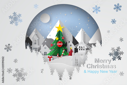 Paper art and craft of Christmas tree with  decorate beautiful concept,homes,snow ,hills,vector