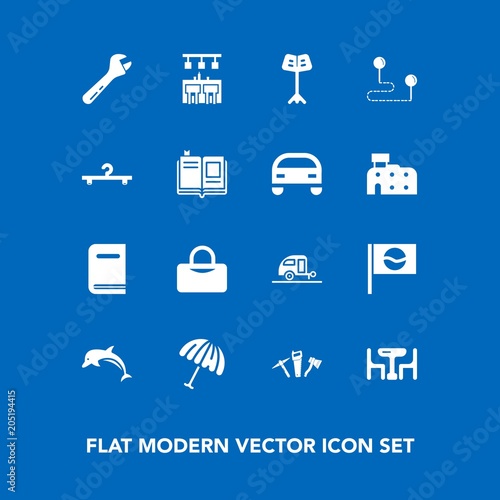 Modern, simple vector icon set on blue background with protection, travel, bag, orchestra, umbrella, nature, journey, cloakroom, japan, music, asia, map, musical, food, home, equipment, library icons