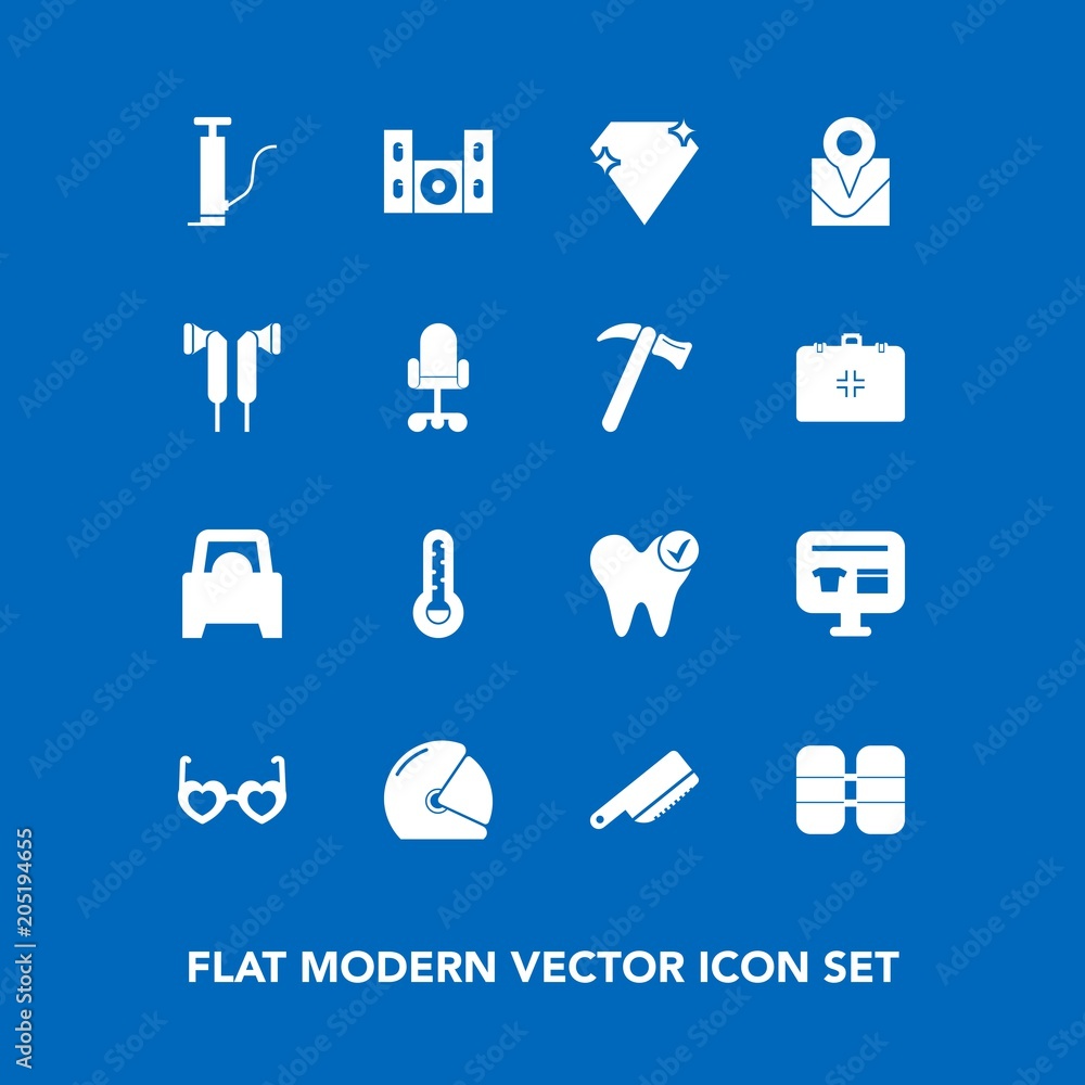 Modern, simple vector icon set on blue background with diamond, kitchen, car, dentist, biker, sale, tank, cutlery, fashion, cart, oxygen, temperature, healthy, knife, rider, gem, map, music icons Modern, simple vector icon set on blue background with diamond, kitchen, car, dentist, biker, sale, tank, cutlery, fashion, cart, oxygen, temperature, healthy, knife, rider, gem, map, music icons