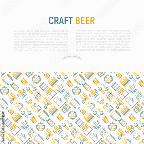 Craft beer concept with thin line icons related to Octoberfest: beer pack, hop, wheat, bottle opener, manufacturing, brewing, tulip glass, mag with foam, can. Vector illustration for print media.