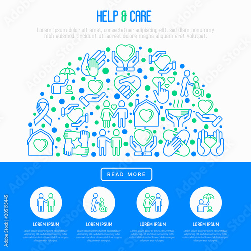 Help and care concept in half circle with thin line icons: symbols of support, help for children and disabled, togetherness, philanthropy and donation. Vector illustration, template for print media.