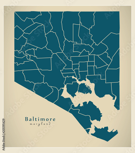Modern City Map - Baltimore Maryland city of the USA with neighborhoods