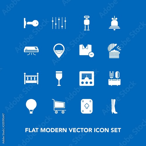 Modern, simple vector icon set on blue background with robot, glass, game, antenna, home, fashion, cyborg, parachute, drink, sky, security, retail, extreme, red, child, radio, baby, jump, spoon icons