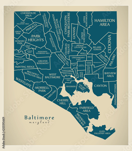 Modern City Map - Baltimore Maryland city of the USA with neighborhoods and titles