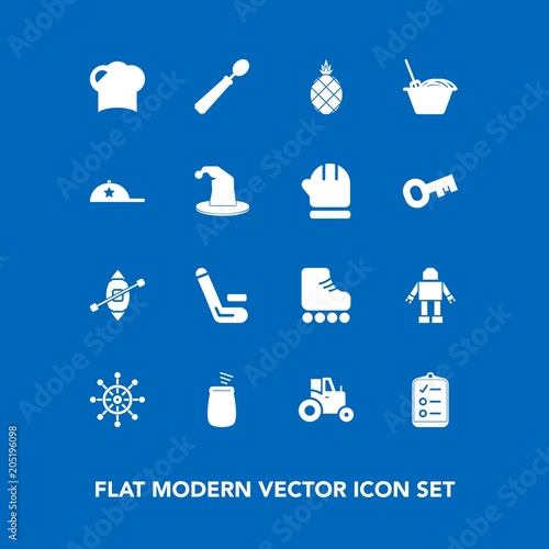 Modern, simple vector icon set on blue background with competition, ship, music, technology, agricultural, musical, wheel, robot, mark, hat, skating, travel, machine, check, chinese, spoon, food icons