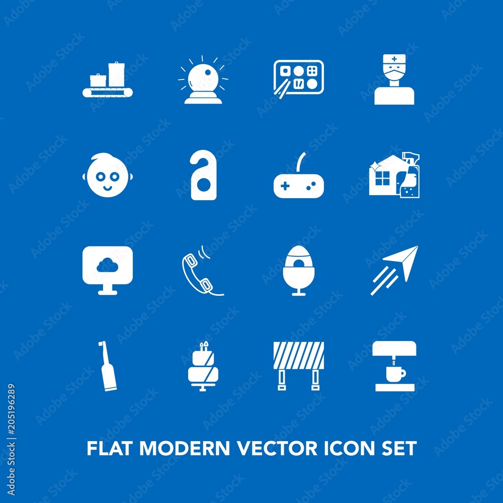 Modern, simple vector icon set on blue background with food, communication, kitchen, hospital, decoration, cloud, sorcery, flight, plane, luggage, brush, bag, traffic, spring, motel, machine icons Modern, simple vector icon set on blue background with food, communication, kitchen, hospital, decoration, cloud, sorcery, flight, plane, luggage, brush, bag, traffic, spring, motel, machine icons