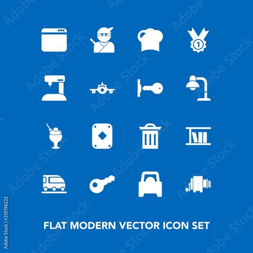 Modern, simple vector icon set on blue background with hat, box, dessert, restaurant, vehicle, sweet, samurai, web, ninja, transport, play, poker, food, winner, machine, waste, library, internet icons