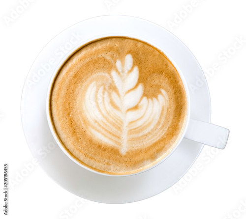 Top view hot coffee cappuccino latte art isolated on white background, clipping path included