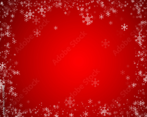 Abstract Christmas background and New Year on red background with snowflakes,decor and place for text.