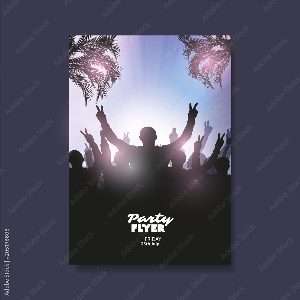Colorful Party or Festival Poster, Placard, Flyer or Cover Design Template with Crowd Silhouette in the Dark