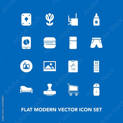 Modern, simple vector icon set on blue background with business, cardiology, sofa, mark, pepper, salt, food, seasoning, screen, old, cart, desk, spice, spring, background, trolley, table, room icons