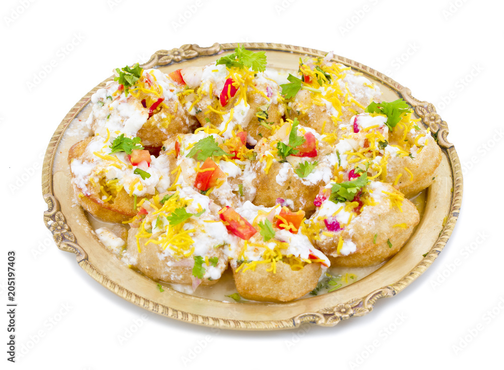 Indian Sweet And Spicy Chaat item Dahi Puri Also Called Dahi Batata Puri, Golgappe, Dahi Bhalle, Gol Gappa or Dahipuri Stuffed With Potato, Yogurt, Sev, Coriander, Chutney isolated on White Background Indian Sweet And Spicy Chaat item Dahi Puri Also Called Dahi Batata Puri, Golgappe, Dahi Bhalle, Gol Gappa or Dahipuri Stuffed With Potato, Yogurt, Sev, Coriander, Chutney isolated on White Background