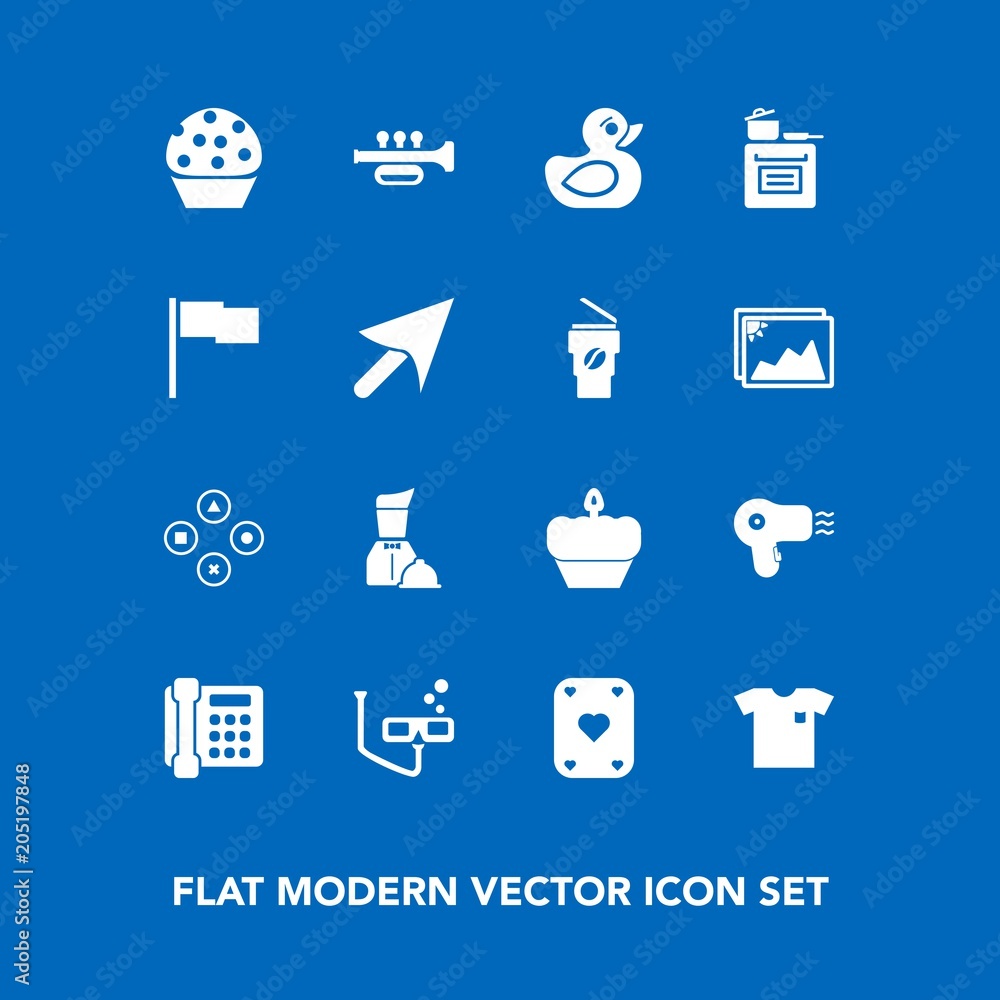 Modern, simple vector icon set on blue background with restaurant, scuba, white, hairdryer, dessert, computer, sweet, frame, rubber, mask, fun, fashion, communication, game, duck, photo, trumpet icons Modern, simple vector icon set on blue background with restaurant, scuba, white, hairdryer, dessert, computer, sweet, frame, rubber, mask, fun, fashion, communication, game, duck, photo, trumpet icons