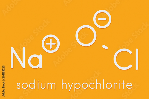 Sodium hypochlorite (NaOCl) molecule. Aqueous solution is known as (liquid) bleach. Skeletal formula. photo
