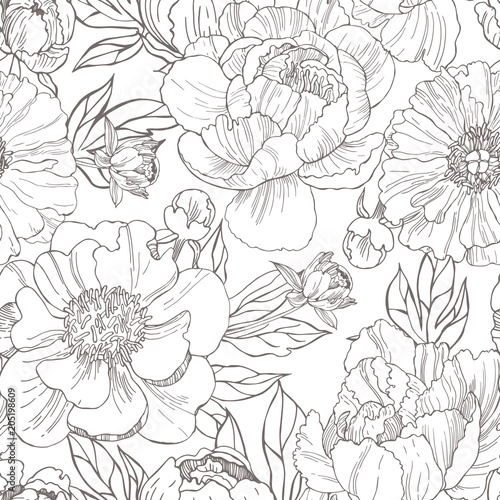  Hand drawn peonies. Vector seamless  pattern.