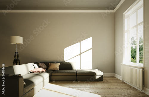 Eingerichtetes Wohnzimmer mit Sofa und mehreren Fenstern photo