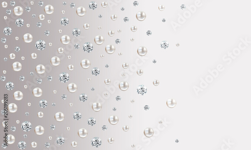 Many small and big white pearls on grey gradient satin background photo