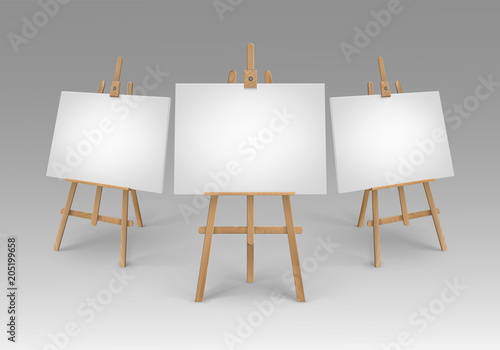 Vector Set of Brown Sienna Wooden Easels with Mock Up Empty Blank Canvases Isolated on Background
