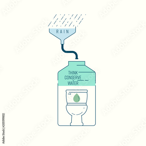 Use harvested rainwater for flushing toilet. Think conserve water. Vector illustration.