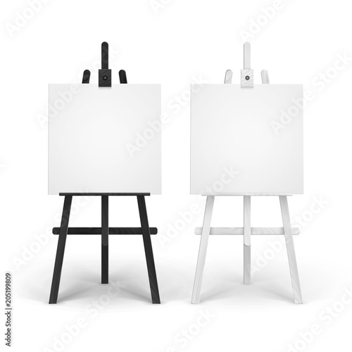 Vector Set of Wooden Black White Easels with Mock Up Empty Blank Square Canvases Isolated on Background