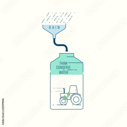 Use harvested rainwater for washing vehicles and equipment. Think conserve water. Vector illustration.