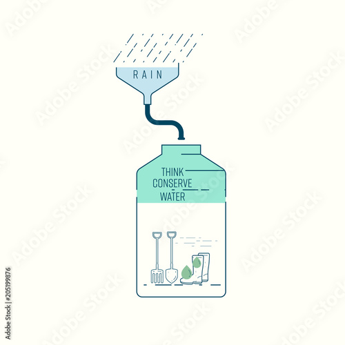 Use harvested rainwater for washing garden tools. Think conserve water. Vector illustration.