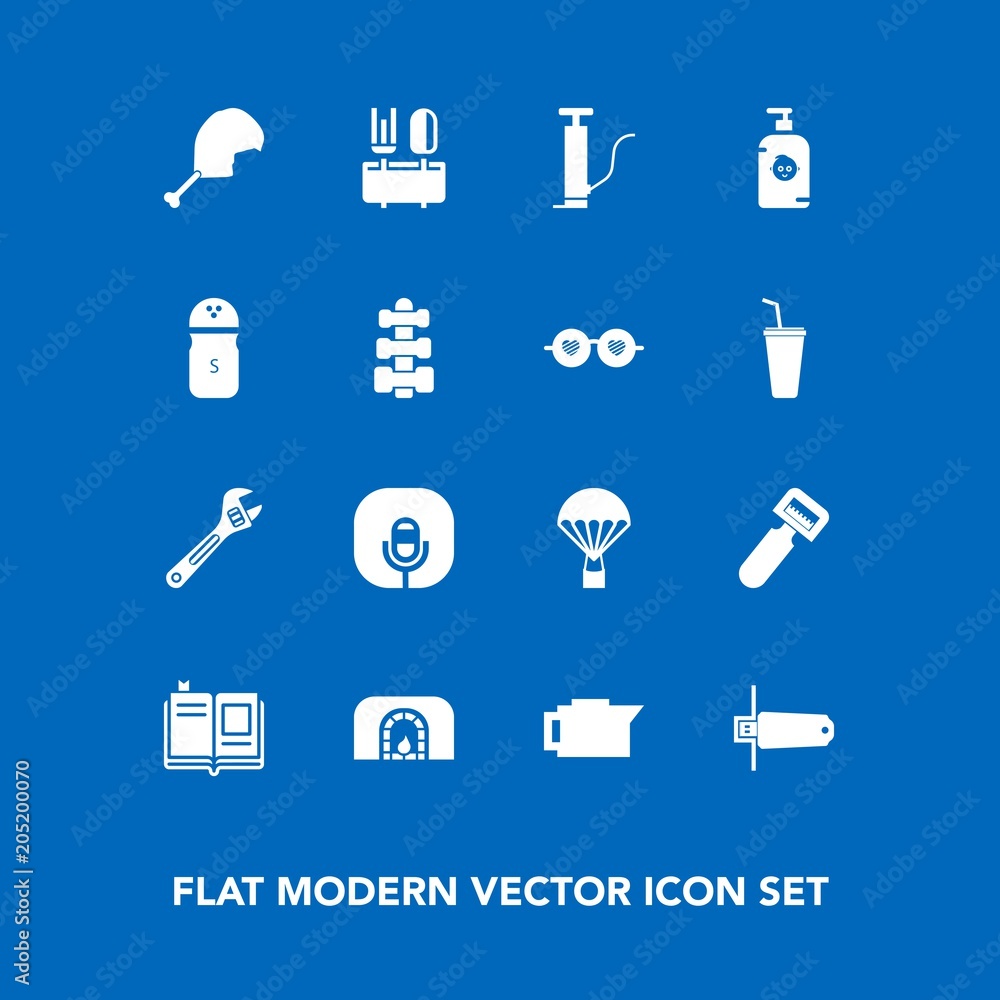 Modern, simple vector icon set on blue background with education, tool, textbook, parachute, book, spanner, equipment, literature, library, cafe, drink, fire, espresso, meat, peeler, fun, card icons Modern, simple vector icon set on blue background with education, tool, textbook, parachute, book, spanner, equipment, literature, library, cafe, drink, fire, espresso, meat, peeler, fun, card icons