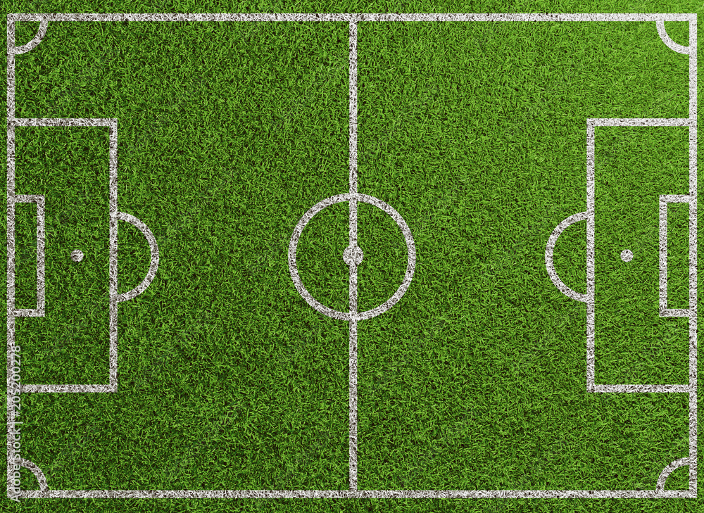 Fußballfeld von oben mit Linien auf Rasen - obrazy, fototapety, plakaty 