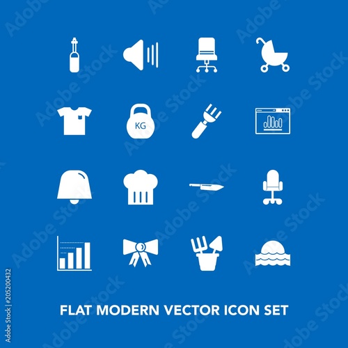Modern, simple vector icon set on blue background with light, sound, technology, bow, furniture, new, volume, sunrise, suit, sun, sunset, chair, laboratory, sand, office, interior, restaurant icons