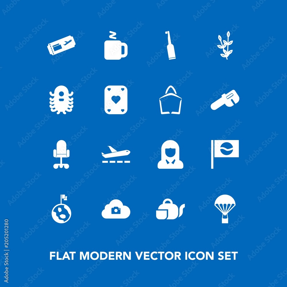 Modern, simple vector icon set on blue background with air, beverage, globe, plant, wheat, web, tooth, airport, tea, jump, asia, grain, office, cloud, airplane, toothbrush, brush, teapot, girl icons