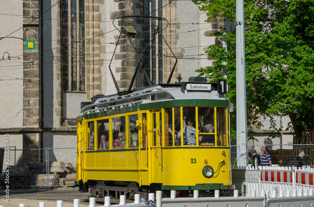 Fototapeta premium Old yellow tram in Gorlitz, Germany