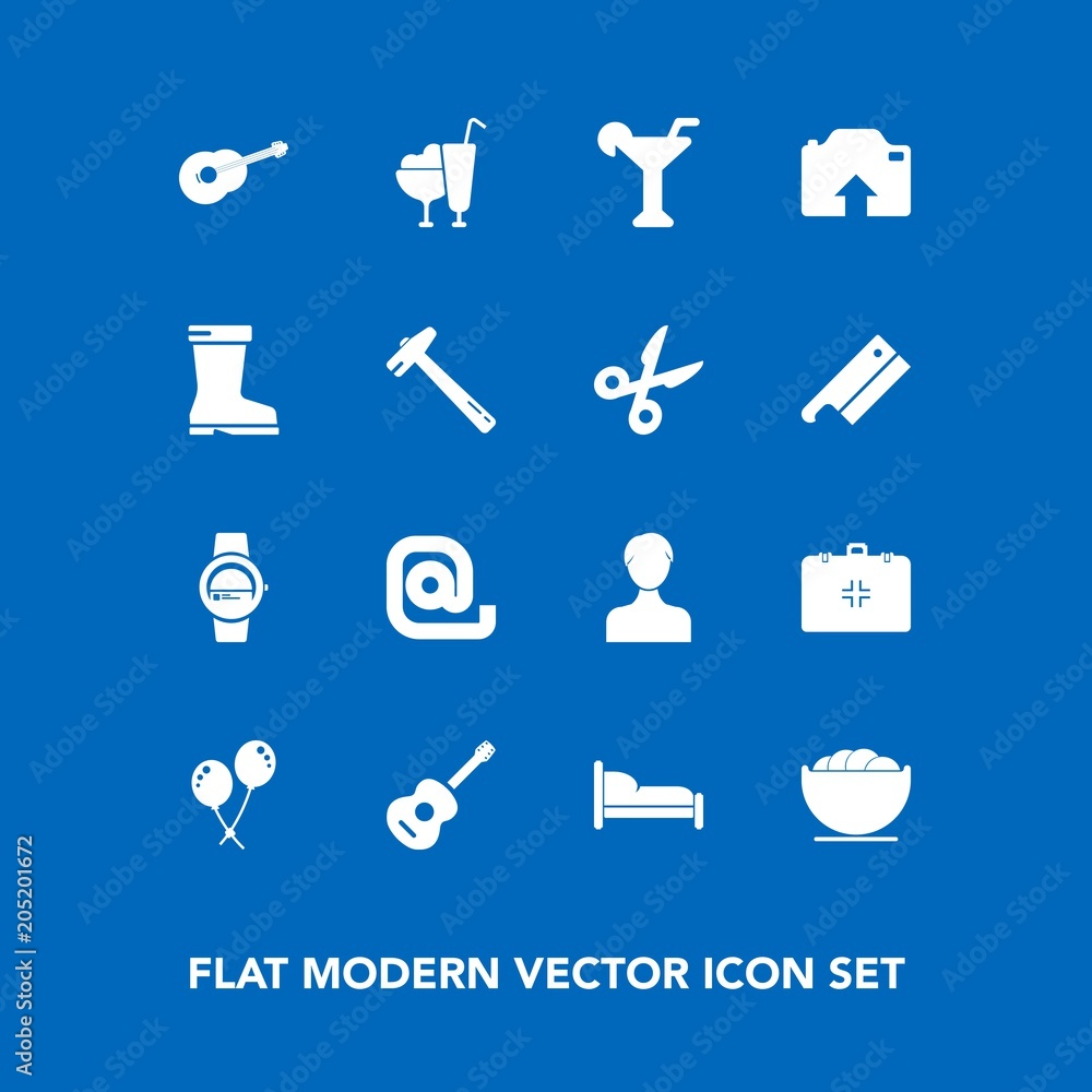 Modern, simple vector icon set on blue background with birthday, bed, photo, equipment, food, time, communication, emergency, drink, smart, white, alcohol, guitar, martini, sweet, bedroom, user icons Modern, simple vector icon set on blue background with birthday, bed, photo, equipment, food, time, communication, emergency, drink, smart, white, alcohol, guitar, martini, sweet, bedroom, user icons