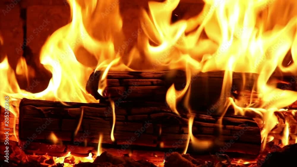 Firewood and fire flames in fireplace, bonfire close-up. Firewood and fire flames in fireplace, bonfire close-up.